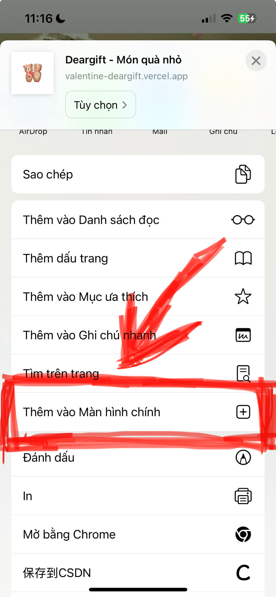 Bước 2: Chọn Thêm vào Màn hình chính